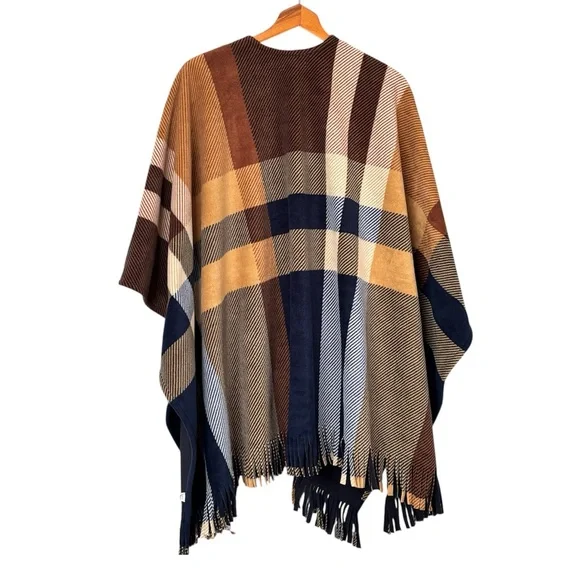 Rachel Roy Plaid Fringe Poncho Wrap Cape Shawl – Neutral Colorblock OS - Picture 7 of 10